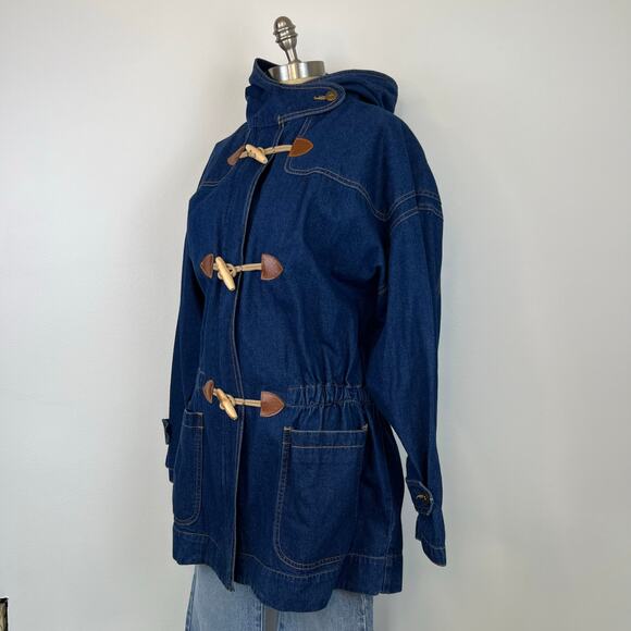 Vintage 80's Retro Leslie Fay Toggle Denim Hooded Chore Coat Barn Jacket (Sz M) - Picture 9 of 16